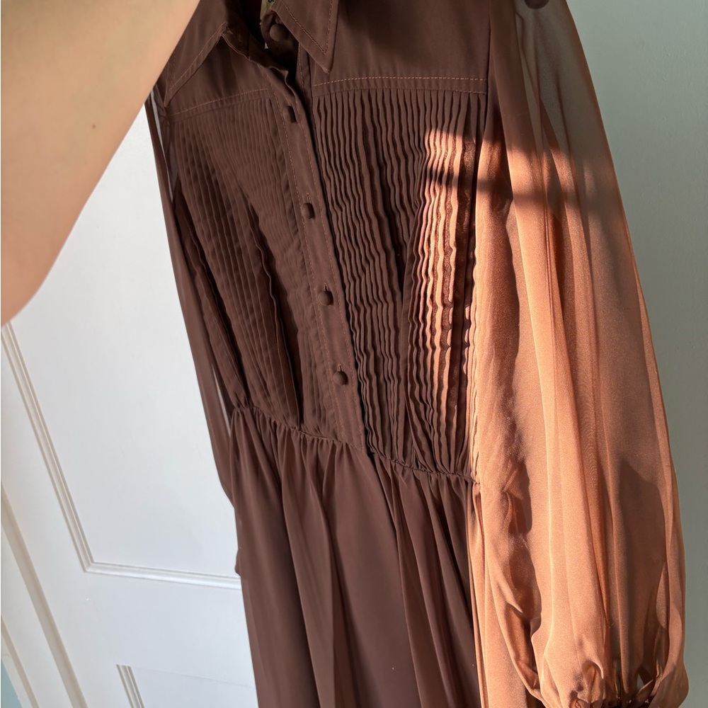 VTG 1960s Jack Bryan Chocolate Brown Pleated Chiffon Lantern Sleeve Midi Dress - Picture 6 of 9